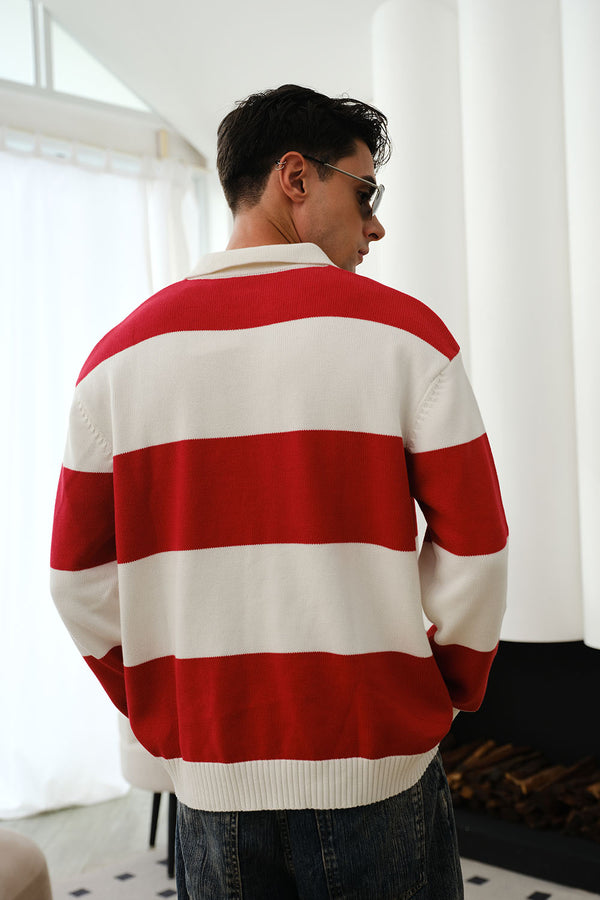Red Stripe V-Neck Knit Polo