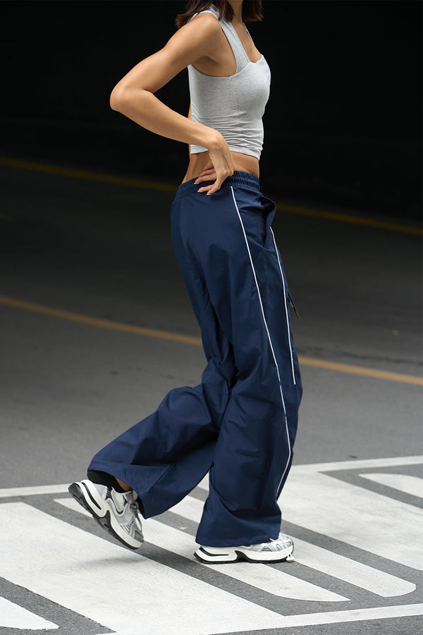 Navy Blue Sporty Deconstructed Loose Pants