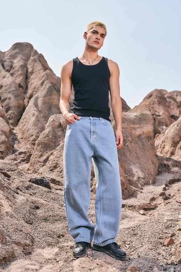 Regular Blue Wide Leg Straight Jeans