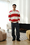 Red Stripe V-Neck Knit Polo