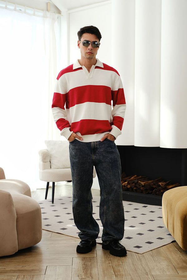 Red Stripe V-Neck Knit Polo