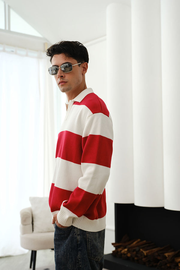 Red Stripe V-Neck Knit Polo