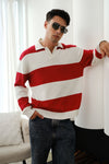 Red Stripe V-Neck Knit Polo